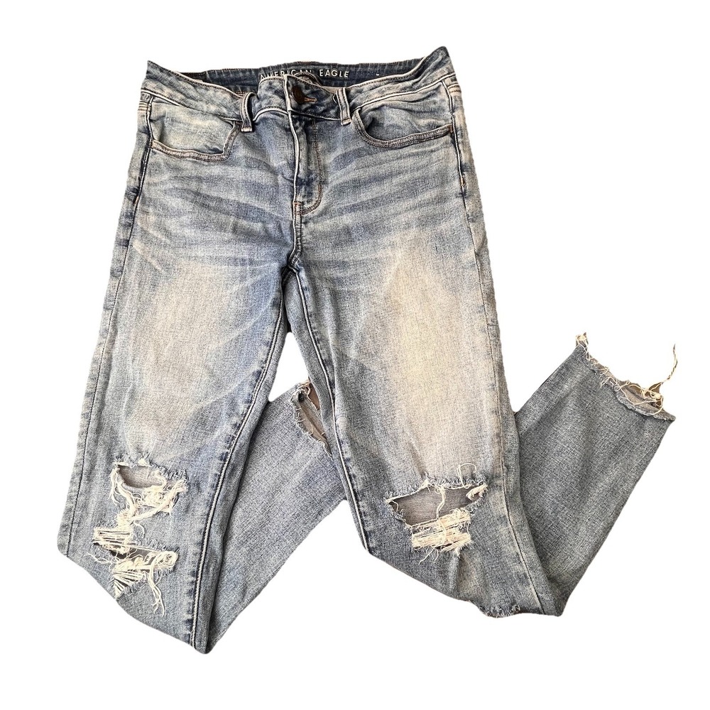 American Eagle Women's Distressed Stretch Super Hi-Rise Blue Jegging Jeans Sz 10